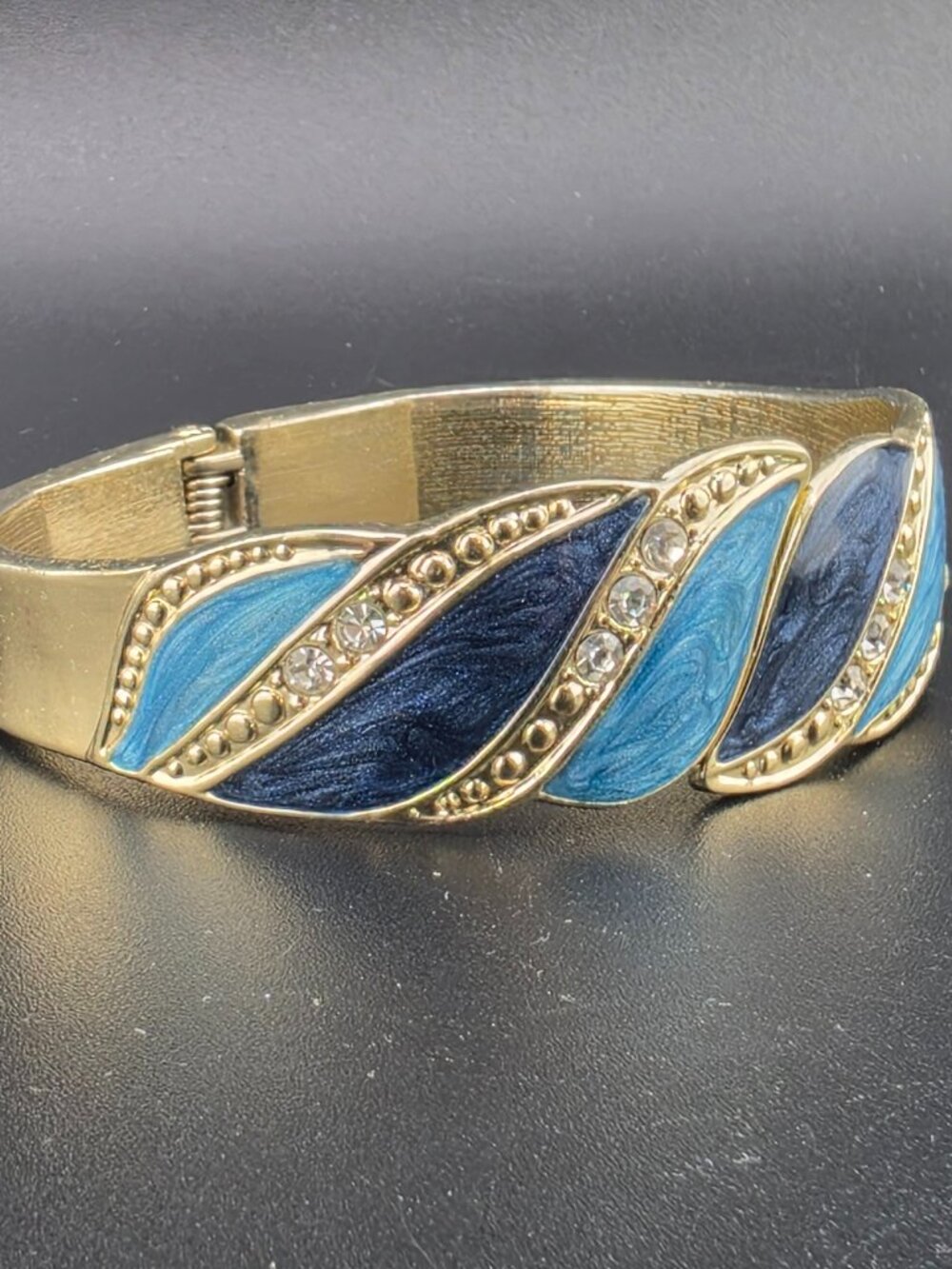 Vintage Blue Enamel Waves Rhinestone Accents Hinged Clamper Bracelet